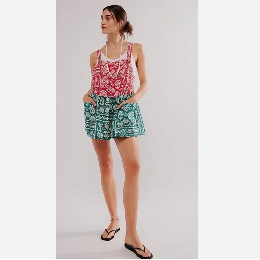 NEW  Free People Women's Red Palm Bay Printed Shortalls